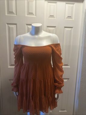 Patrons of Peace Rust Off-Shoulder Tiered Midi Dress